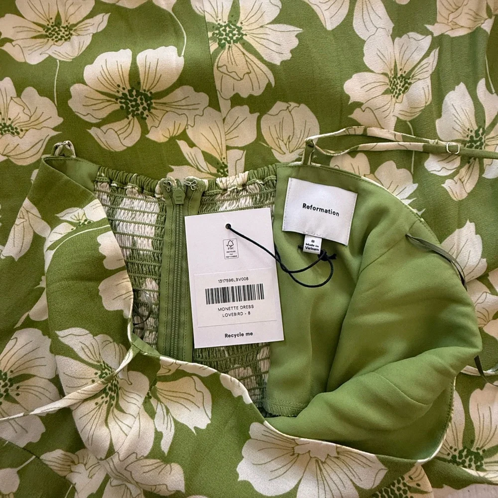 Reformation Monette NWT Green Floral Midi Dress Lovebird Size 8 - Picture 15 of 15